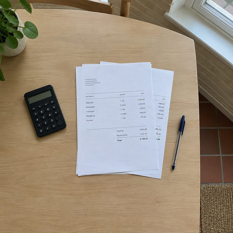 Køkkenbord med to tilbud på malerarbejde, lommeregner og pen